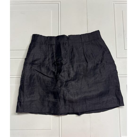 J Crew Black Linen Blend Mini Skirt 0 Back Zip Pockets Pleated Waist - Picture 3 of 5